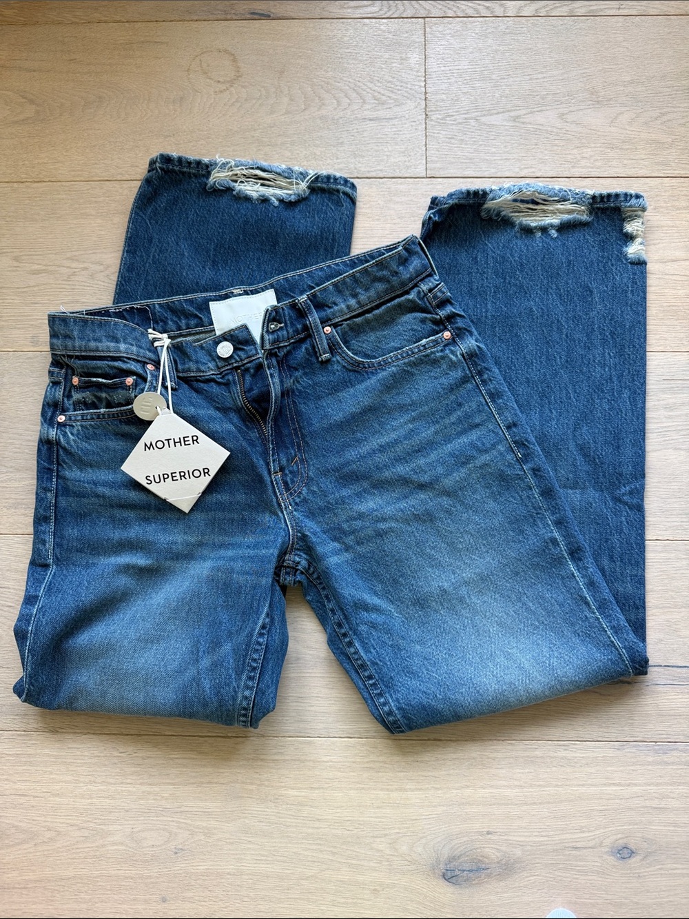 MOTHER Reifler Superior Blue Distressed Hem Straight Jeans, Lil’